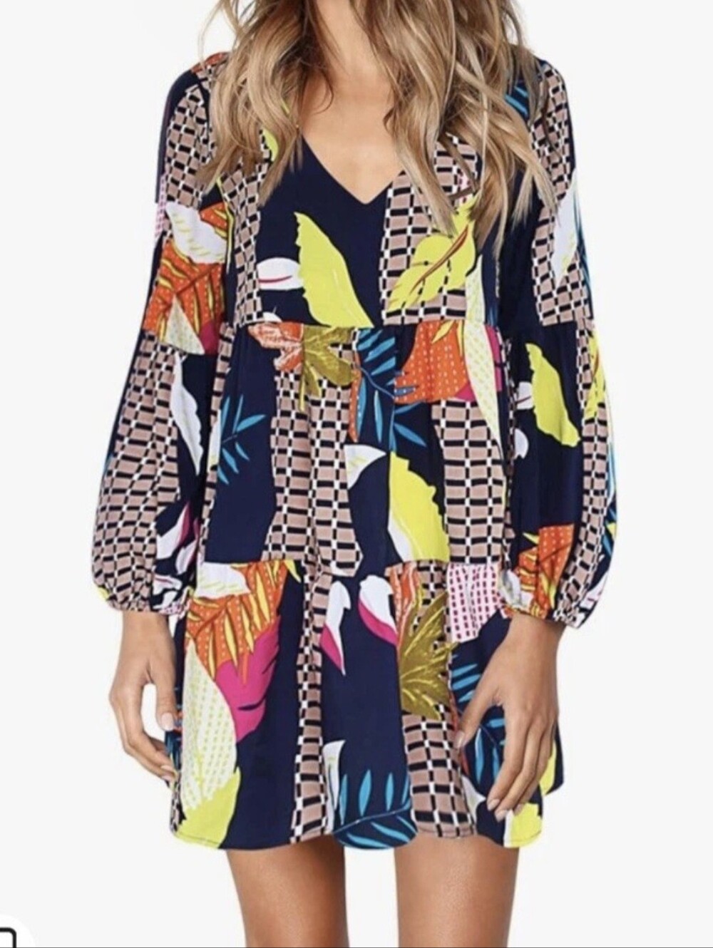 Baby Doll Xl Vibrant Tropical Floral Swing Dress 🌴 Long Sleeve Babydoll Mini